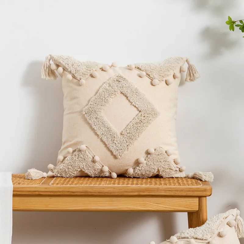 Beige Tufted Fringed Cushion Cover Wabi-sabi Cotton and Linen Decorative s for Sofa Geometric Tassel Cover HomeM251119