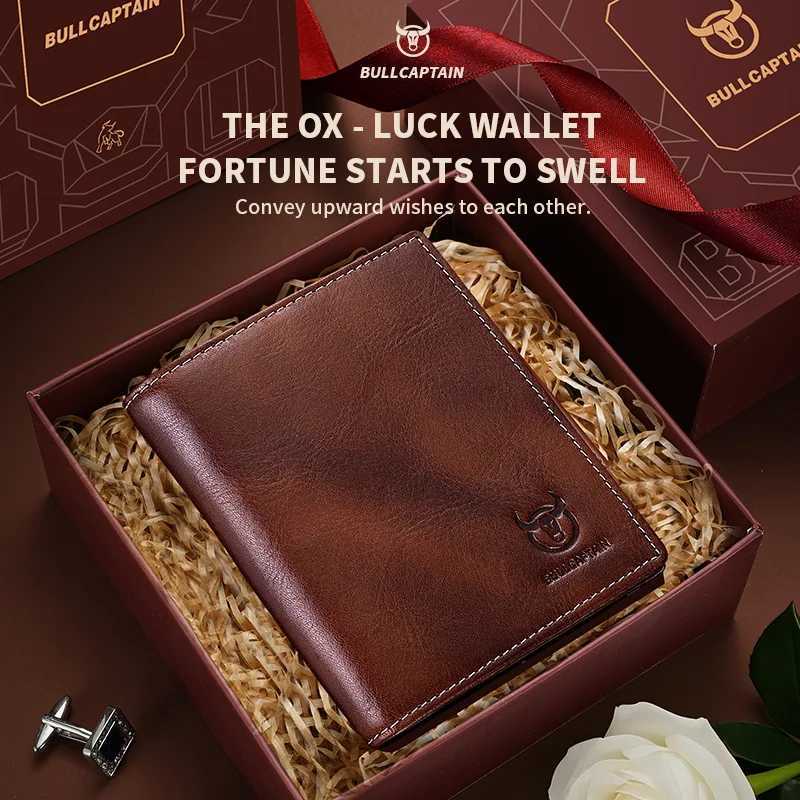 BULLCAPTAIN Mens Wallet Genuine Leather Rfid Blocking Bifold Wallet card holder Mens Leather Trifold Wallet with Gift BoxT251119