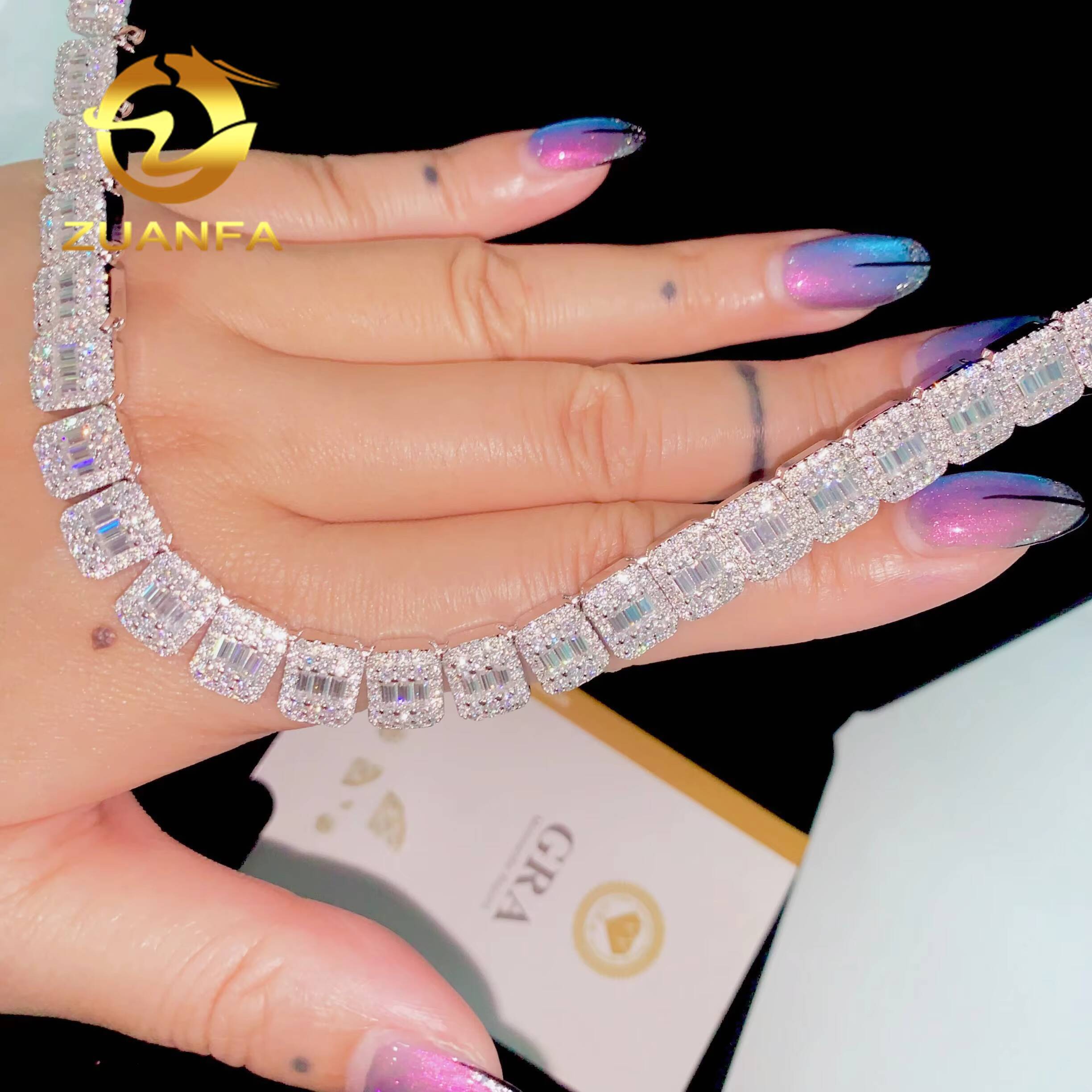 Source Factory 9mm Baguette Moissanite Chain Cuban Links Moissanite Necklace Moissanite Cuban Link 925 Cuban Link Chain Necklace