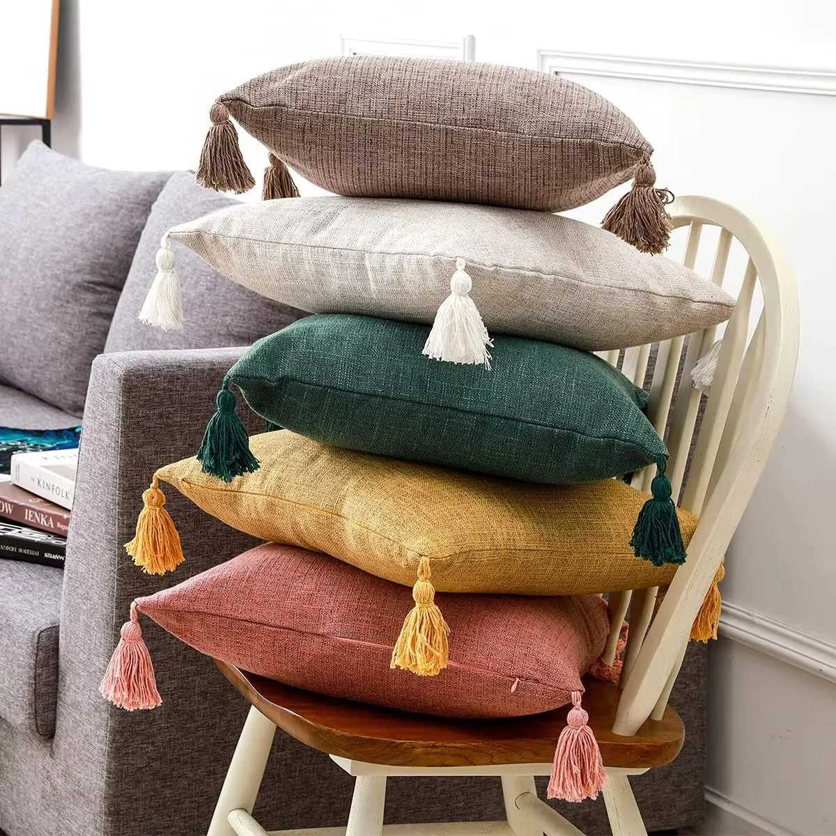 1/2Pcs Spring Throw Covers Linen Optic Sofa Tassel Cushion Cover Boho Gift Farmhouse case Party Home DecorM251119