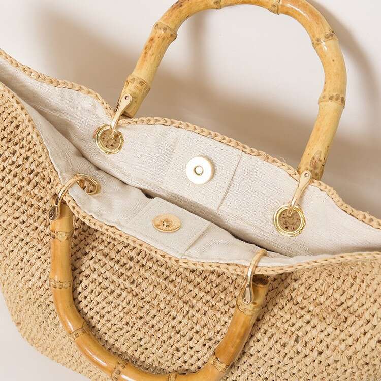 Handmade Beach Bag French Bamboo Handle Lafite Grass Hand Held Summer Hand Woven Beach Vacation Bag Vegetable Basket KQ