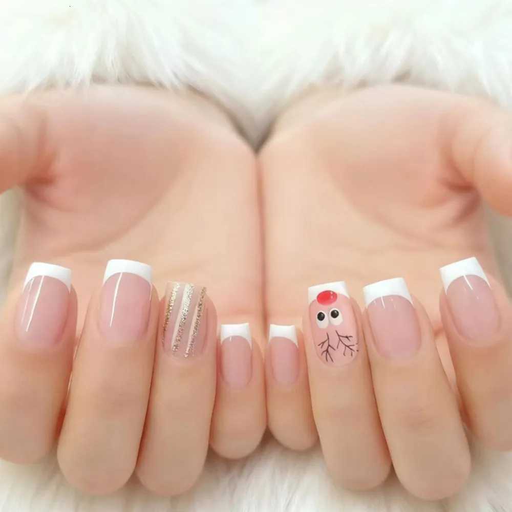 Christmas French Fake Nails With Glue For Woman Acrylic Natural Press On False Nails DIY Finger Manicure AccessoryT251118T251119