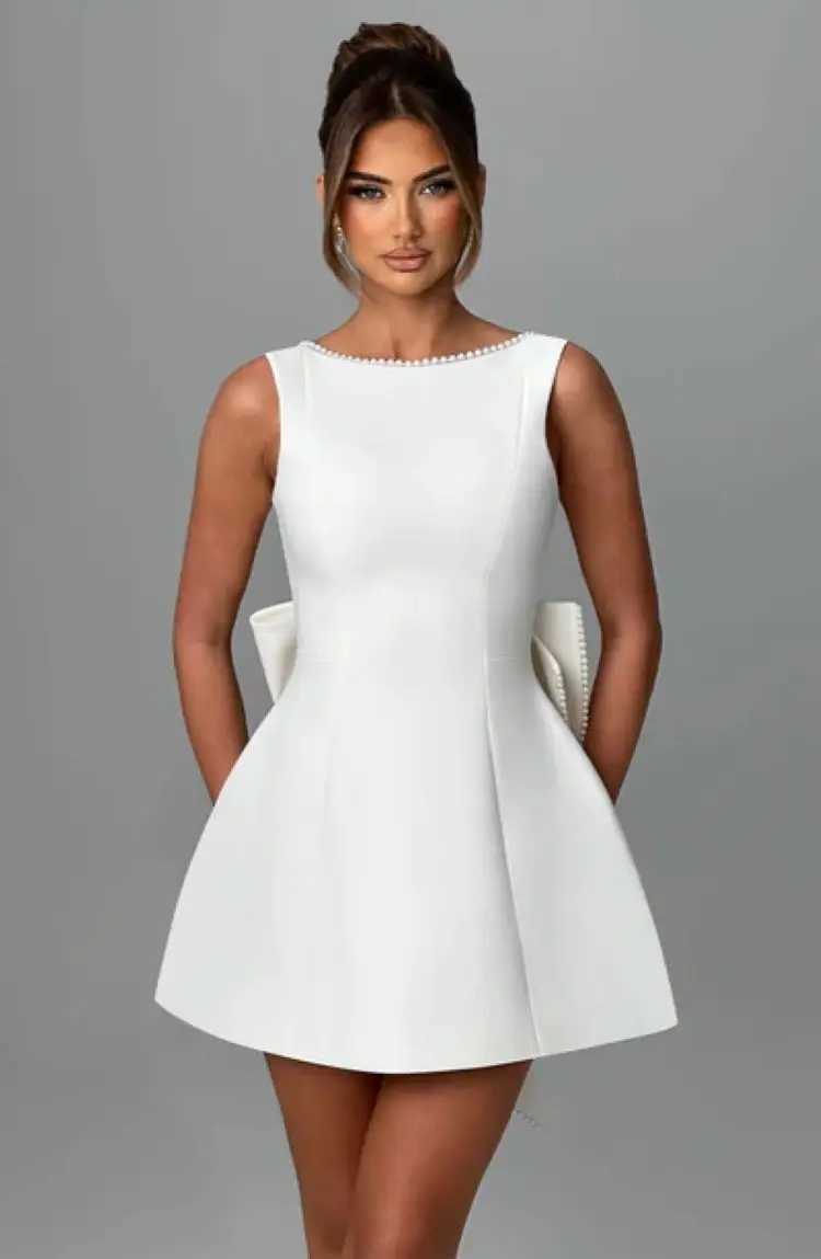 Elegant pearl bow backless short skirt womens sleeveless party cute mini dress black and white pink chic birthday night Y2K new style M250419