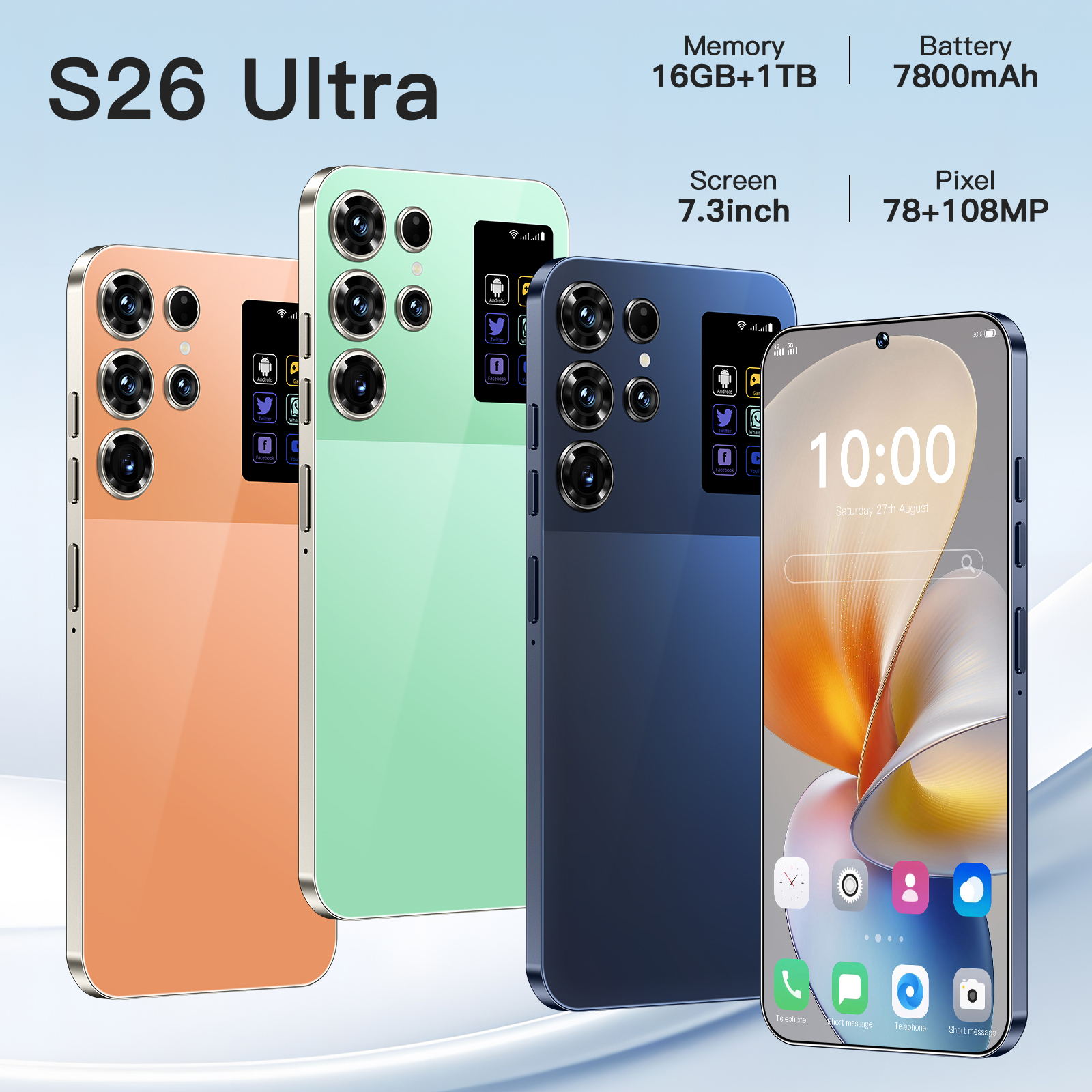 The best-selg S26 Ultra features an octa-core 16+1TB mid-hole 7.3-inch model Unlock Touch Screen Phone Androids Camera Telephone HD Display Face Recog