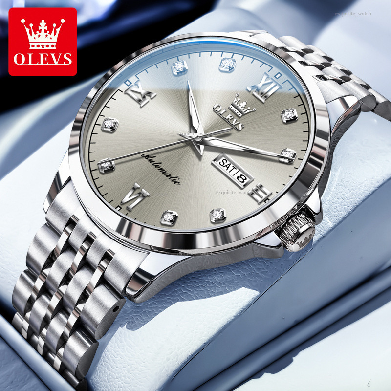 OLEVS Brand Designer Men's Watch New Seven-bead Bracelet Simple Style Steel Bracelet Double Calendar Luxury Waterproof Mechanical Men's Watc