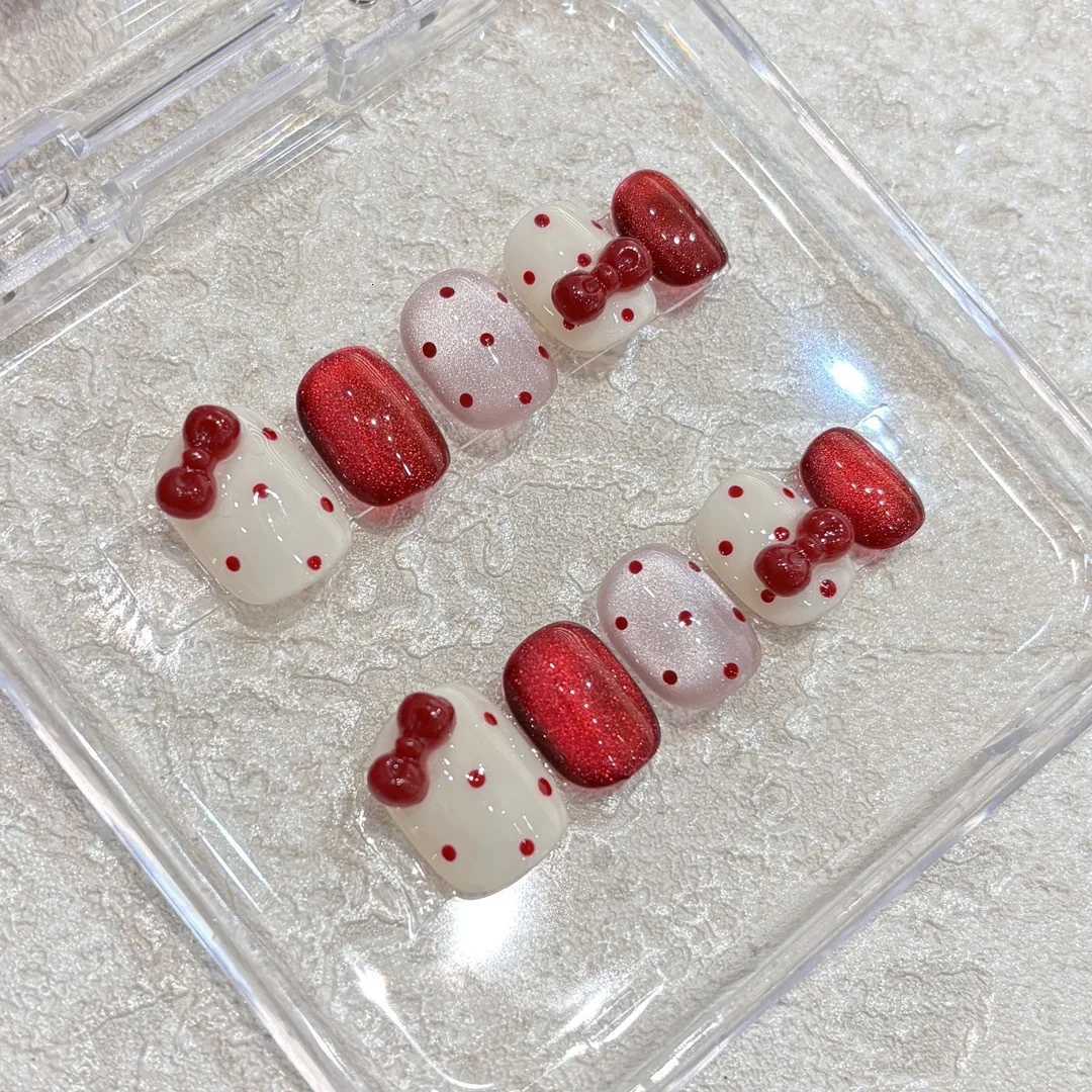 10pcs Handmade Press on Nails Red Polka Dot Cat-Eye Bow Full Coverage Nail for WomenGirl Short Oval Removable Wearable NailVT251118T251119