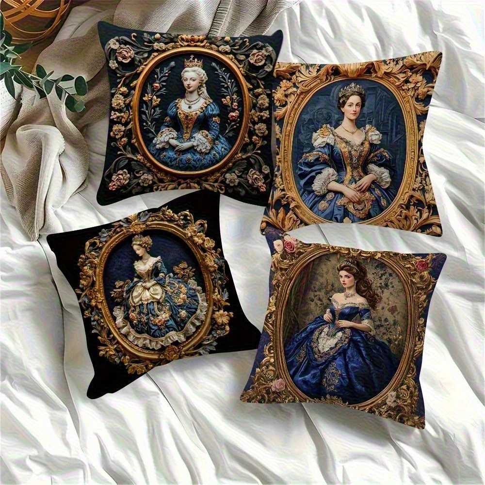 4pcs Retro Royal Women Covers Elegant Phnom Penh Print Double-Sided Wrinkle-Free Polyester for Living Room DecorM251119