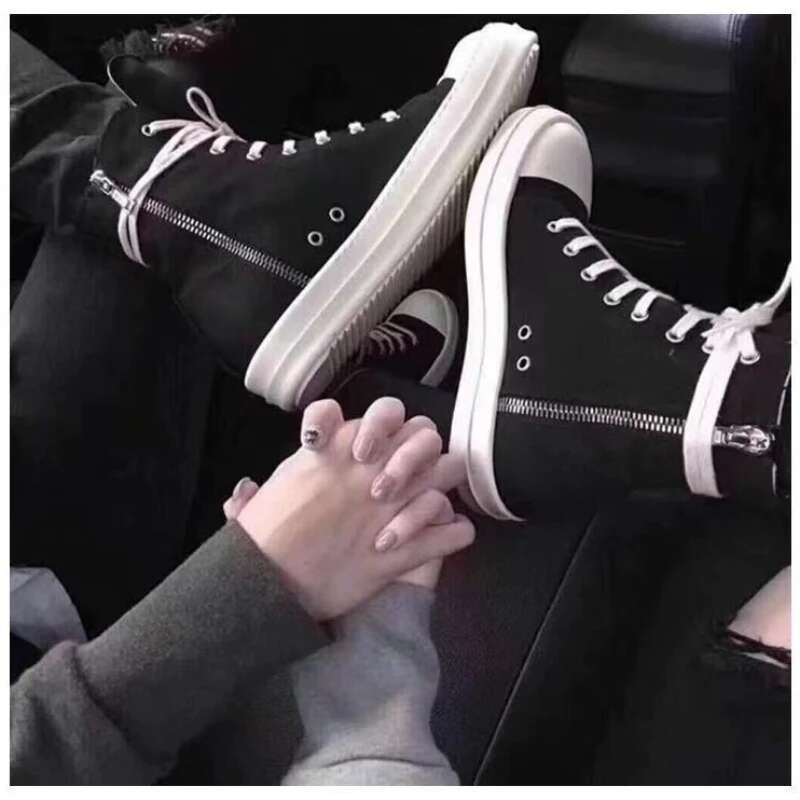 Unisex Casual High Top Women Sneaker Quality Ankle Boot Fashion Zip Metal Canvas High-Top Flat Street Shoe Designer