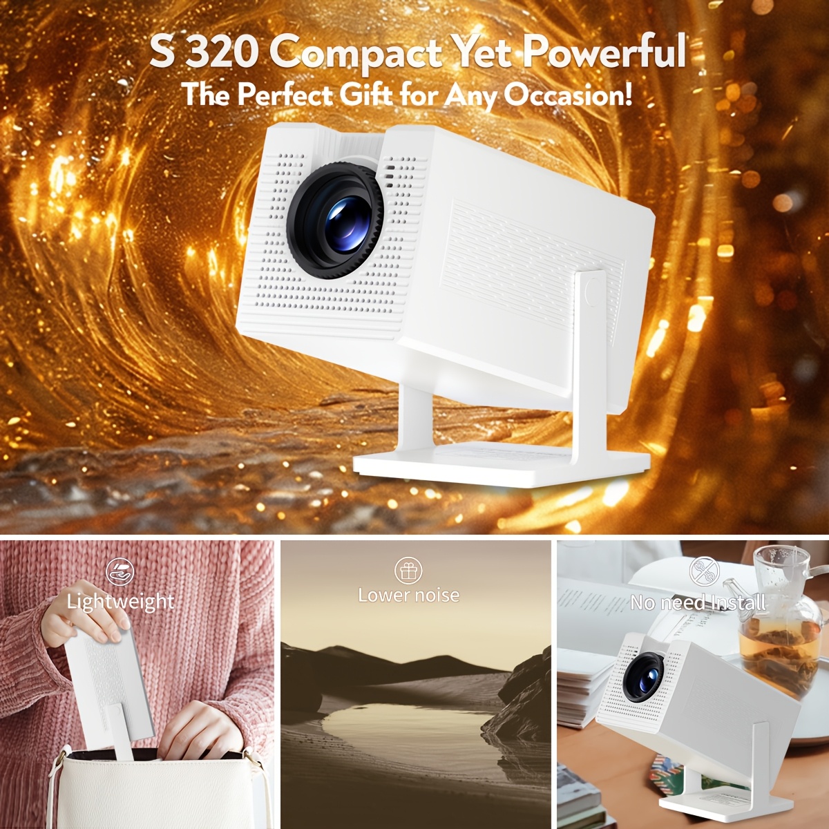 S320 PRO 4K Projector with Dual WiFi6 - High Brightness (180 ANSI) & Bluetooth 5.0 for Home Theater