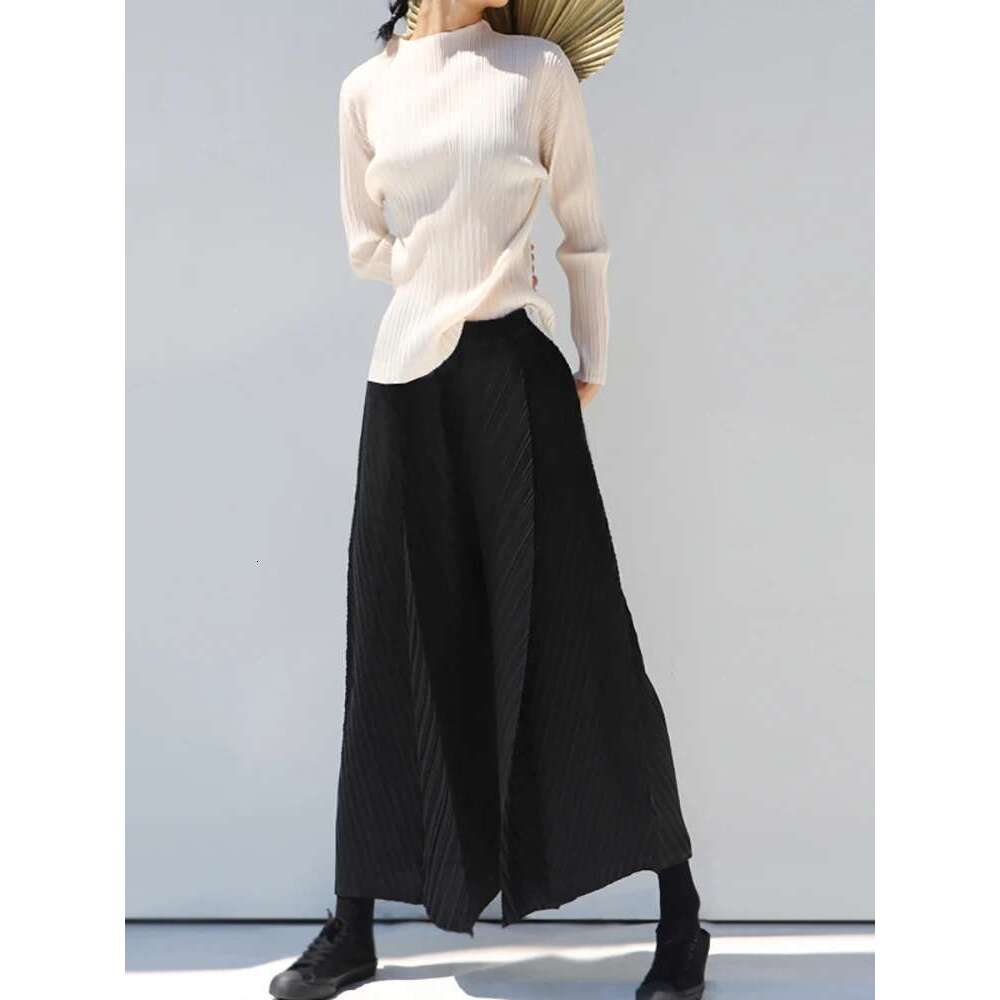 Designer Clothes Miyake Pleated Long Sleeve Tops High Neck Solid Color Loose T-Shirt Women's Casual Ladies Shirt