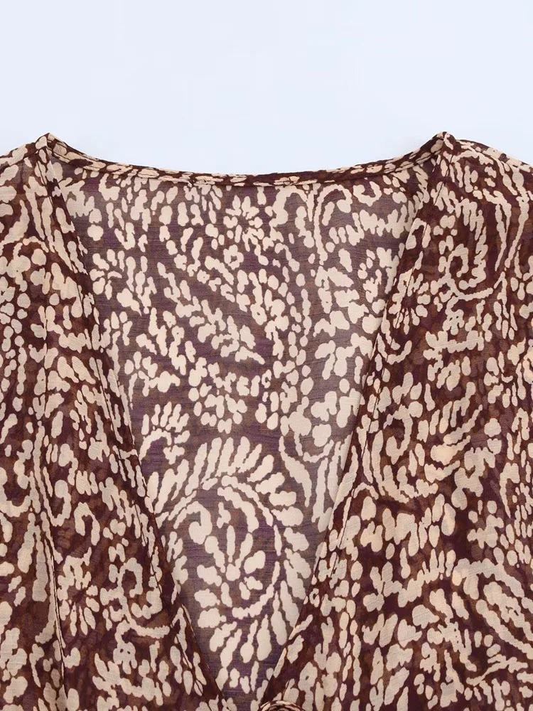 Womens Summer MIDI Dress Retro Printed Chiffon Vneck Layered Ruffle Bow Elegant Street 250418