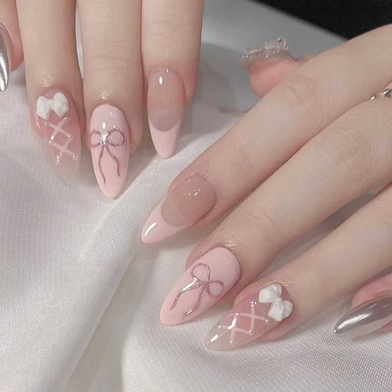 24Pcs Detachable Acrylic False Nails Press On Nail Cute Cherry French Almond Wearable Artificial Fake Nails Full Cover Nail TipsT251118T251119