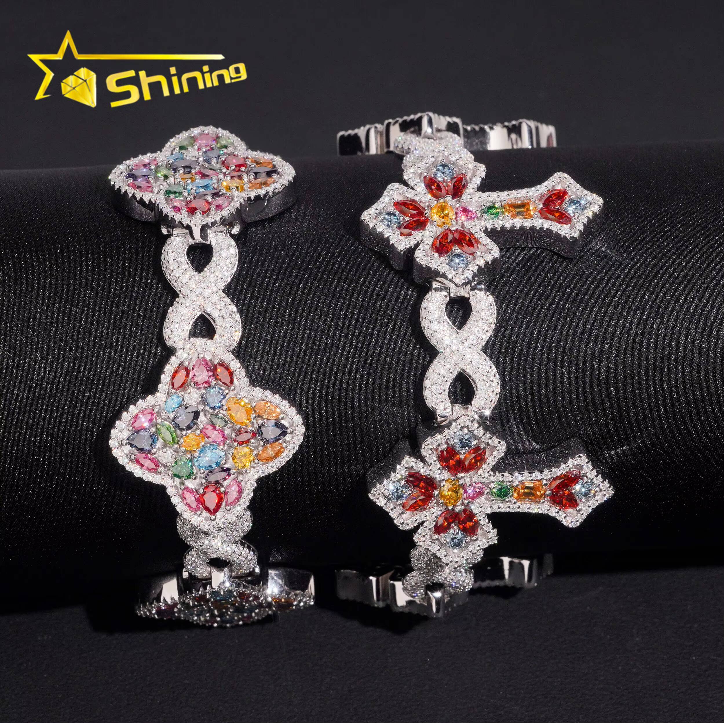 Hip Hop Jewelry Luxury Fancy Colored Moissanite Cross Cuban Bracelet Silver 925 Iced Out Infinity Moissanite Bracelet Men