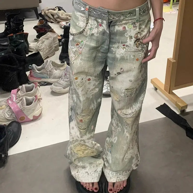 American retro vintage graffiti 3D printed jeans for couples ins high street hip-hop straight leg pants pants 250418
