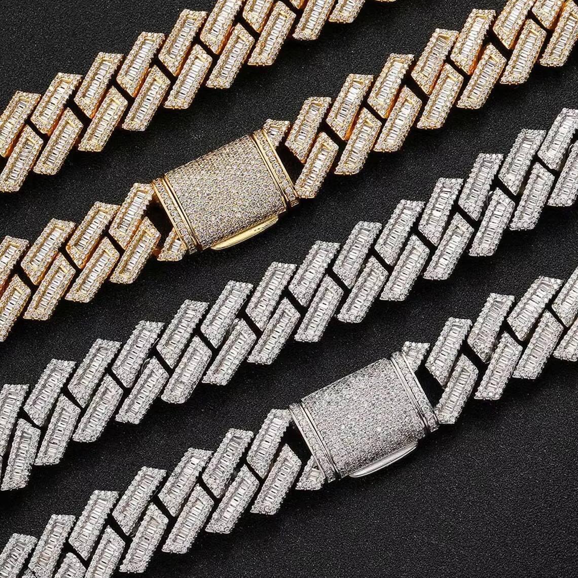 20mm Iced Out Cuban Necklace 925 Sterling Silver Hiphop VVS Moissanite Baguette Cuban Link Chain