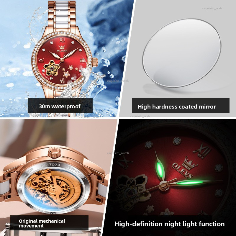 OLEVS Brand Designer Women's Watch New Petal Hollow Ceramic Waterproof Mechanical Watch Outdoor Luxury Casual Sexy Women's Watch