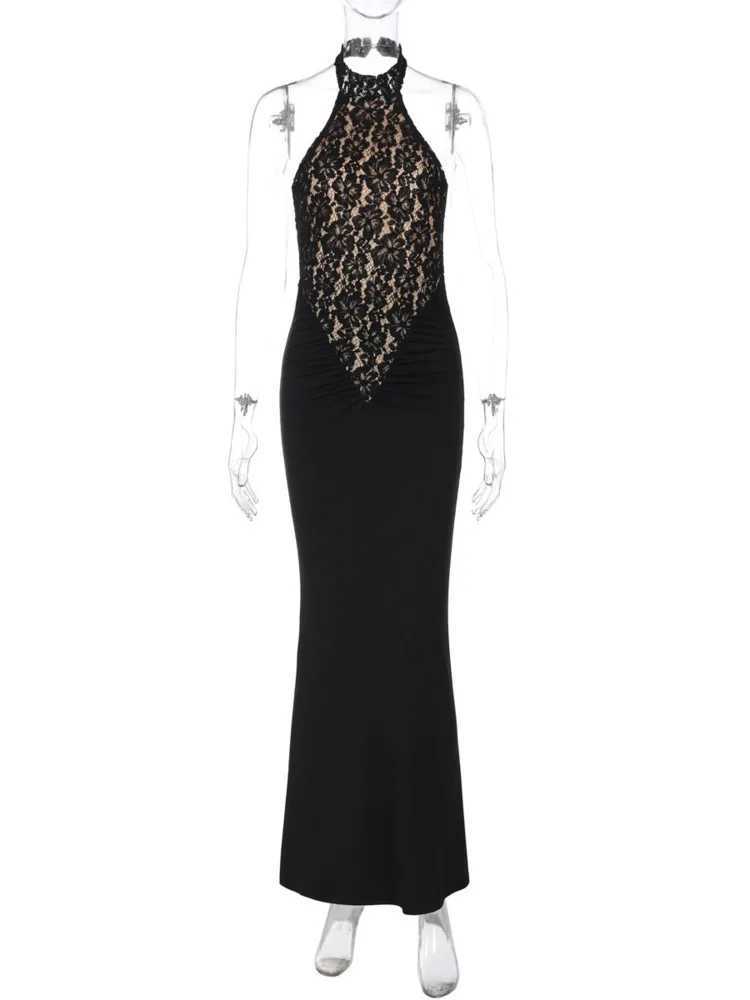 Mozision Lace Halter Backless Sexy Maxi Dress For Women Black Off-shoulder Strapless Sleeveless Bodycon Club Party Long Dress M250623