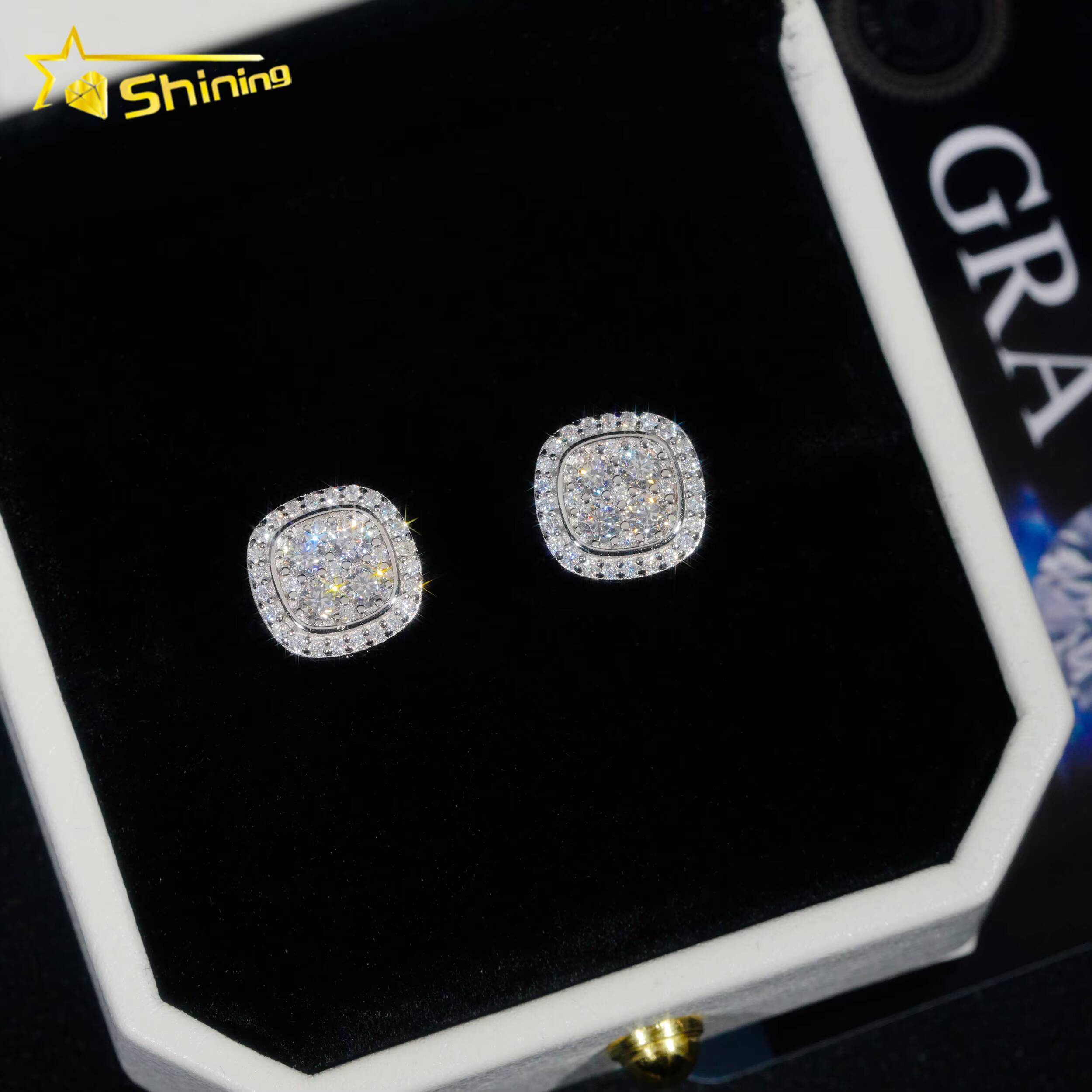 Iced Out 925 Silver Gold Plated Screw Back Moissanite Stud Earrings Hip Hop Jewelry Square Shape Moissanite Earrings Men