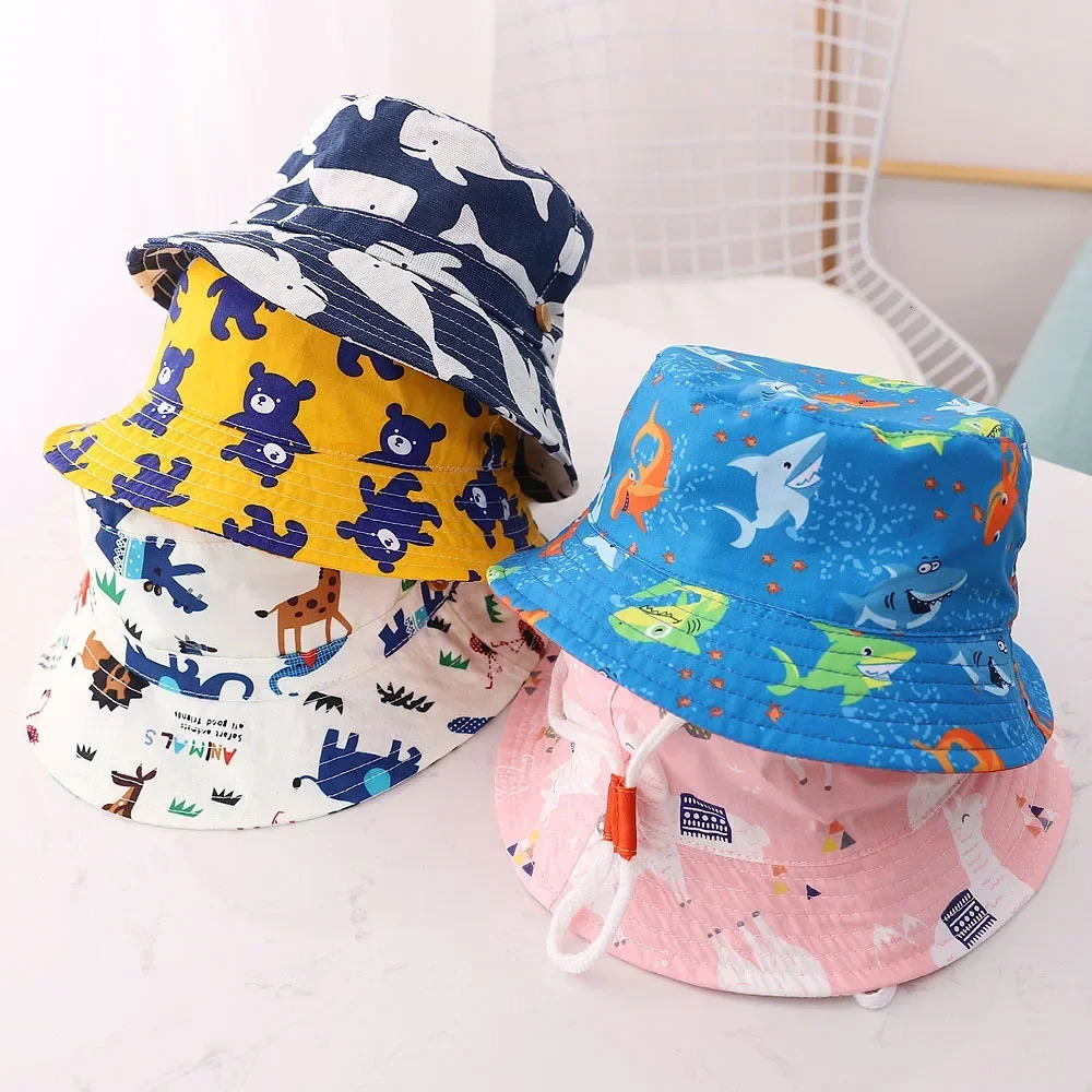 Spring and summer thin breathable childrens bucket hat unisex baby sun with windproof rope outdoor 6 months 8 years old 250414z