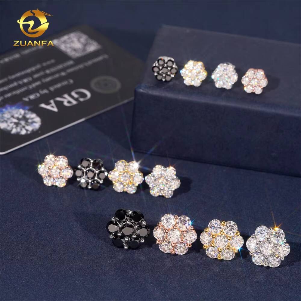 Cluster Fashion 9mm 12mm 15mm Ear Studs Screw Back Iced Out Hip Hop Jewelry 925 Silver Vvs Moissanite Women Flower Stud Earring