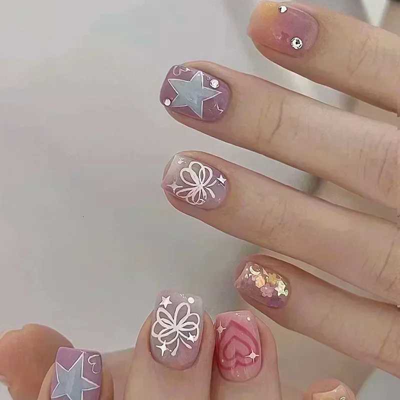 24pcs Black Short Ballet False Nails with Jelly Glue French Design Detachable Fake Nails Art Heart Full Cover Press on Nails TipT251118T251119