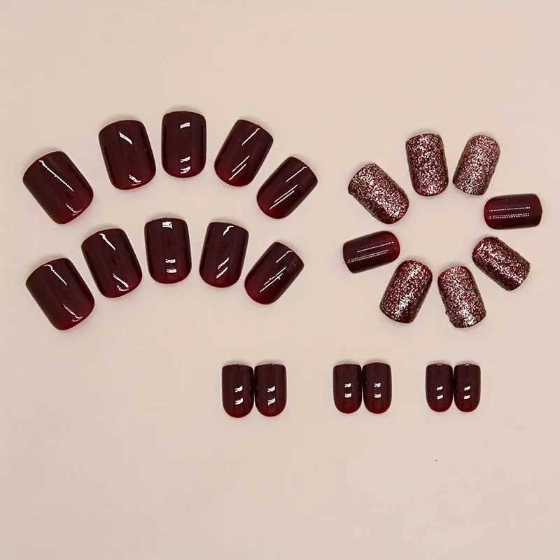 24pcs Glossy Short Square Fake Nails Solid Wine Red Press On Nails Sparkling False Nails For Women Girls Daily Party WearT251118T251119