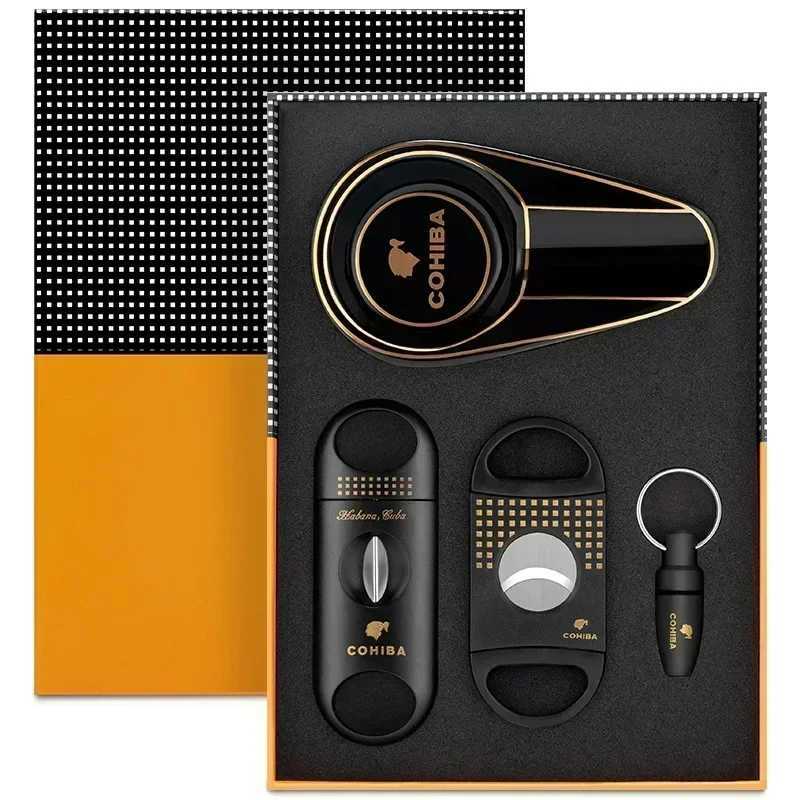 Premium Cuban cigar accessory set includes a cigar piercer and a portable cigar cutter with a sharp V - cut blade.C250419