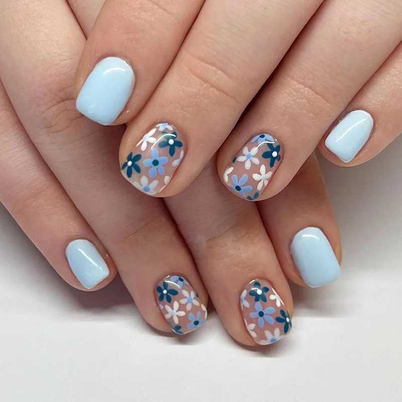 24Pcs Short Square Head Fake Nail with Colorful Flower Designs Wearable French False Nails Ballet Finished Jelly Stick on NailsT251118T251119