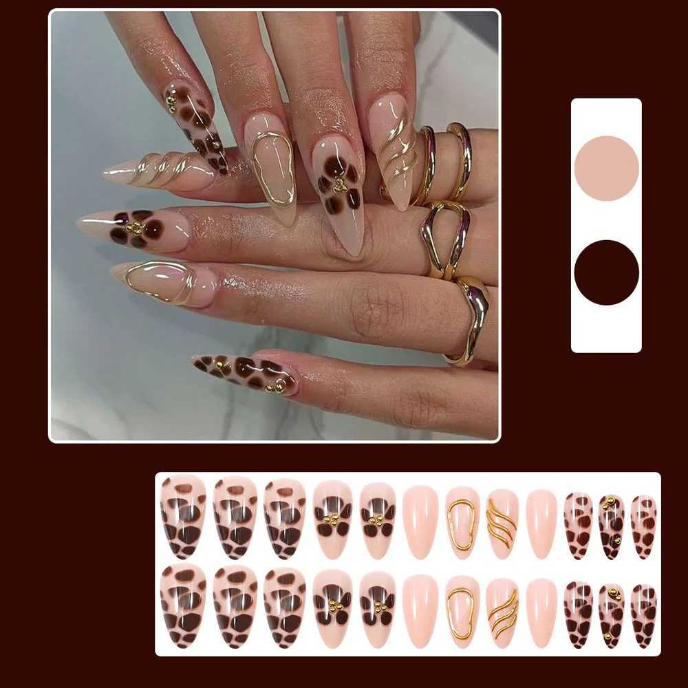 24Pcs 3D Glossy Leopard Print Press on Nails Medium Almond Metal Gold Fench line Fake Nails Full Cover Acrylic Fake Nails Tips 1T251118T251119