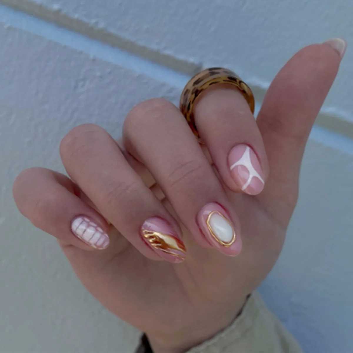 24pcs Cats Eye False Nail Finished Shiny Powder Pearl Design Nails Sets Press on Fashion Flower French Long Almond Fake NailsT251118T251119