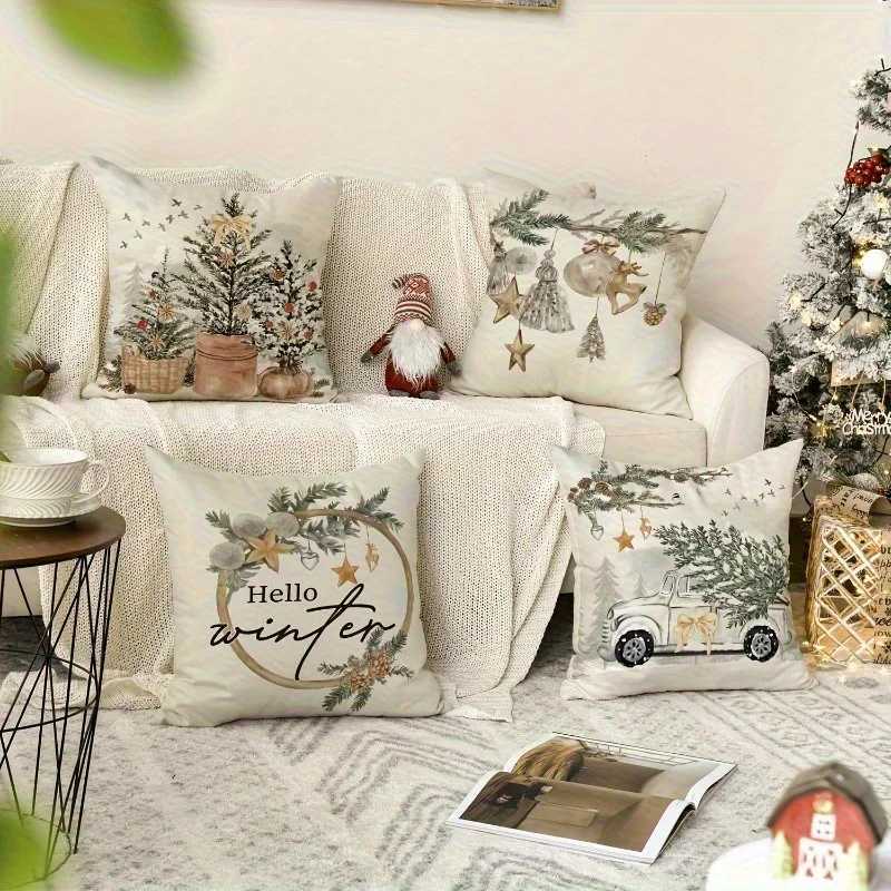 4pcs Country Style Covers Includes Hello Winter Christmas TreeHolly Berry and Vintage Truck Designs for Home DecorM251119