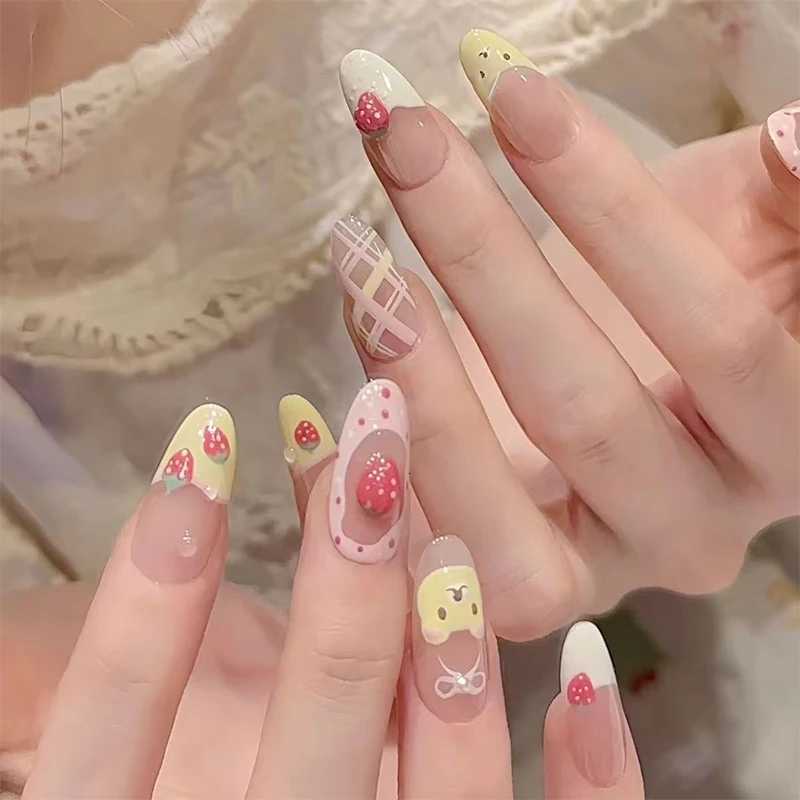 10pcs Almond Press On Nails With Pink Strawberry Bear Design Acrylic False Nails Cute French Full Cover Nail Tips Summer Girl NeT251118T251119