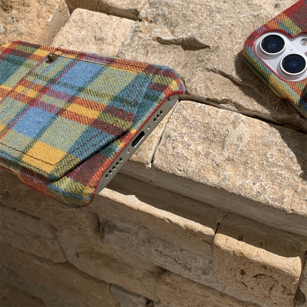 Plaid Colorful Card Holder Phone Case Compatible with iPhone 16/15 Pro Max Niche Simple Protective Case iPhone 14 Pro