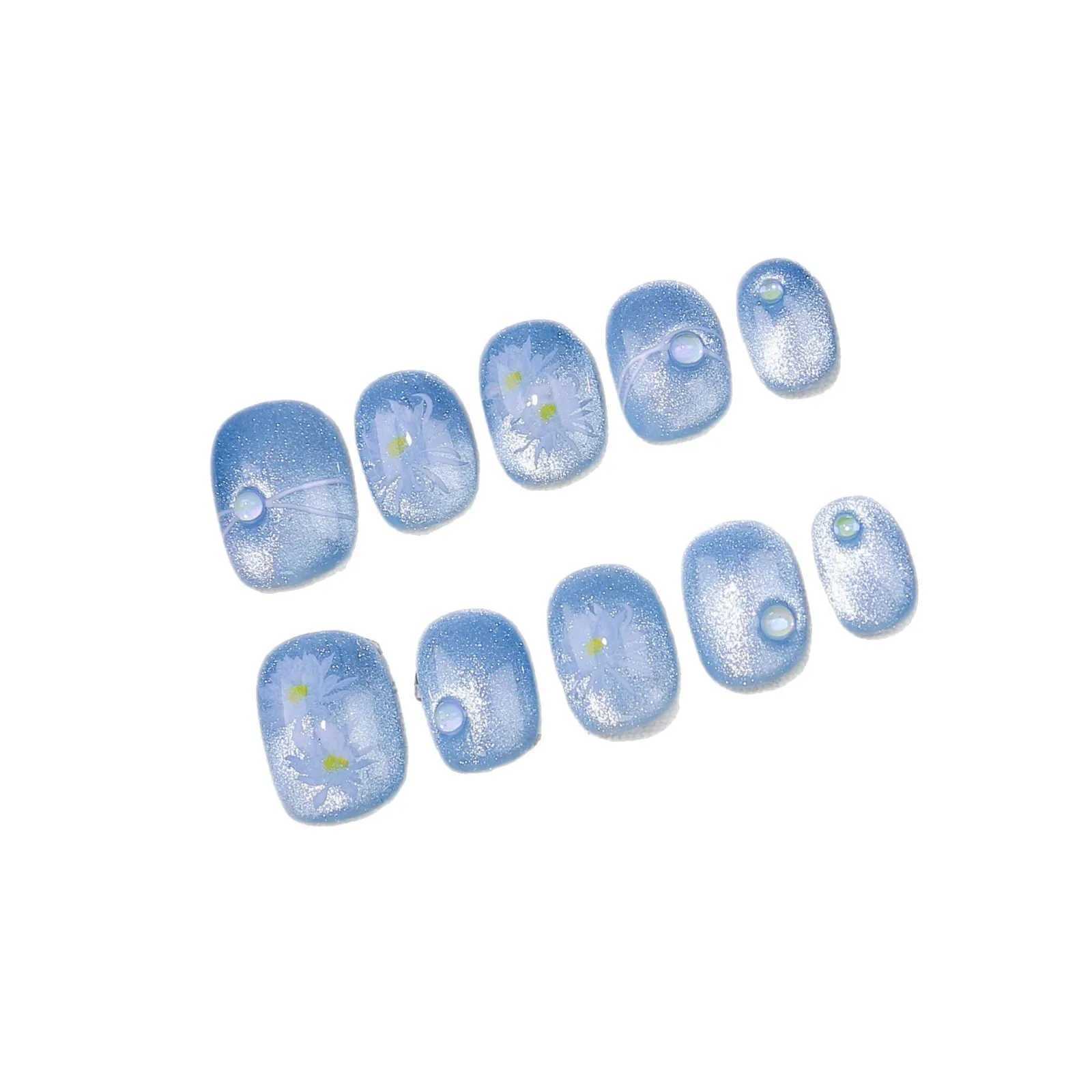 10pcs Handmade Press-On Nails-Blue Cat Eye Effect Glossy Flower Starry Night Bubbles Design Short Oval Fake Nails for WomenT251118T251119