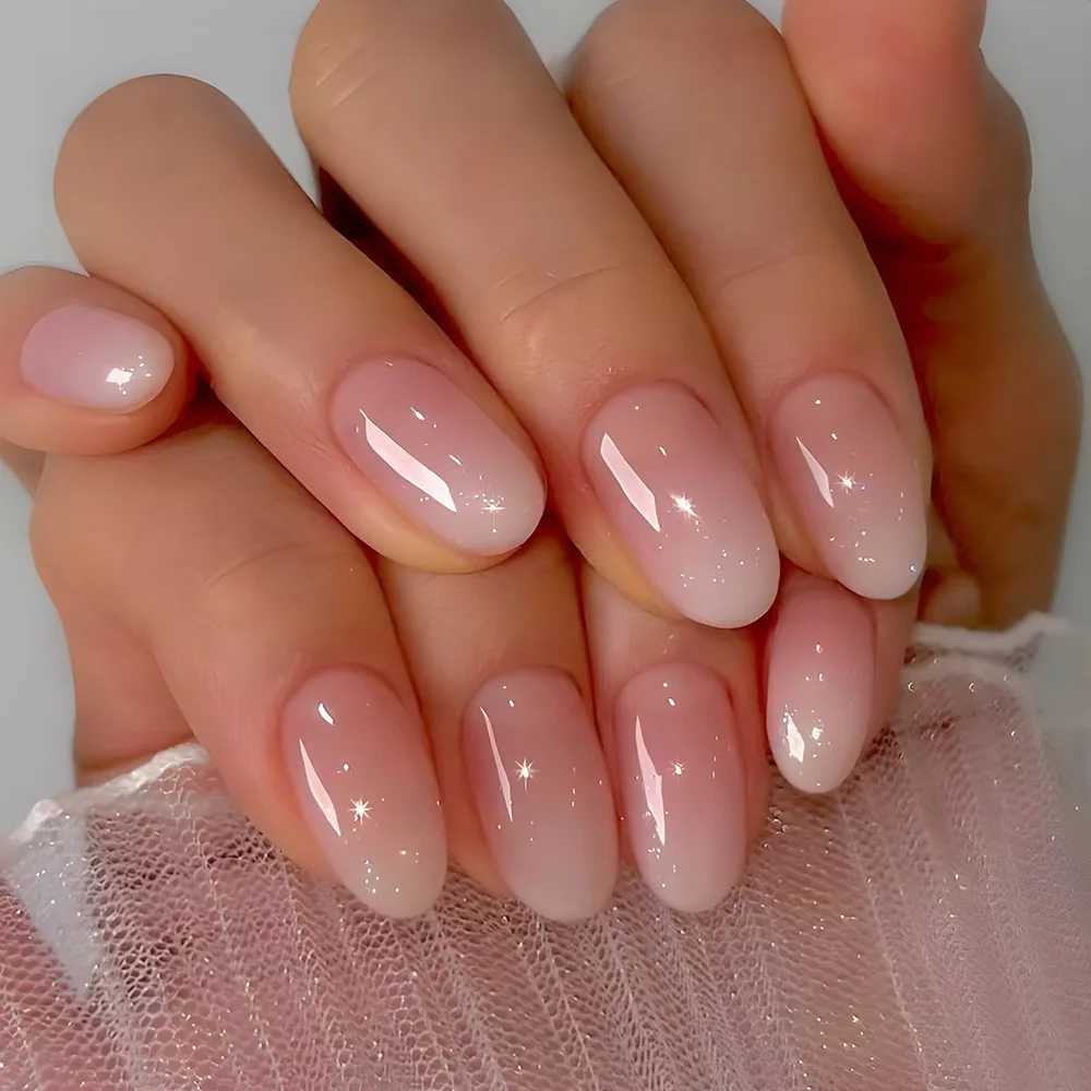 24Pcs Simple Fake Nail with Broken Diamond Short Square Press on False Nails Gradient White Wearable Ballet Full Cover Nail TipT251118T251119