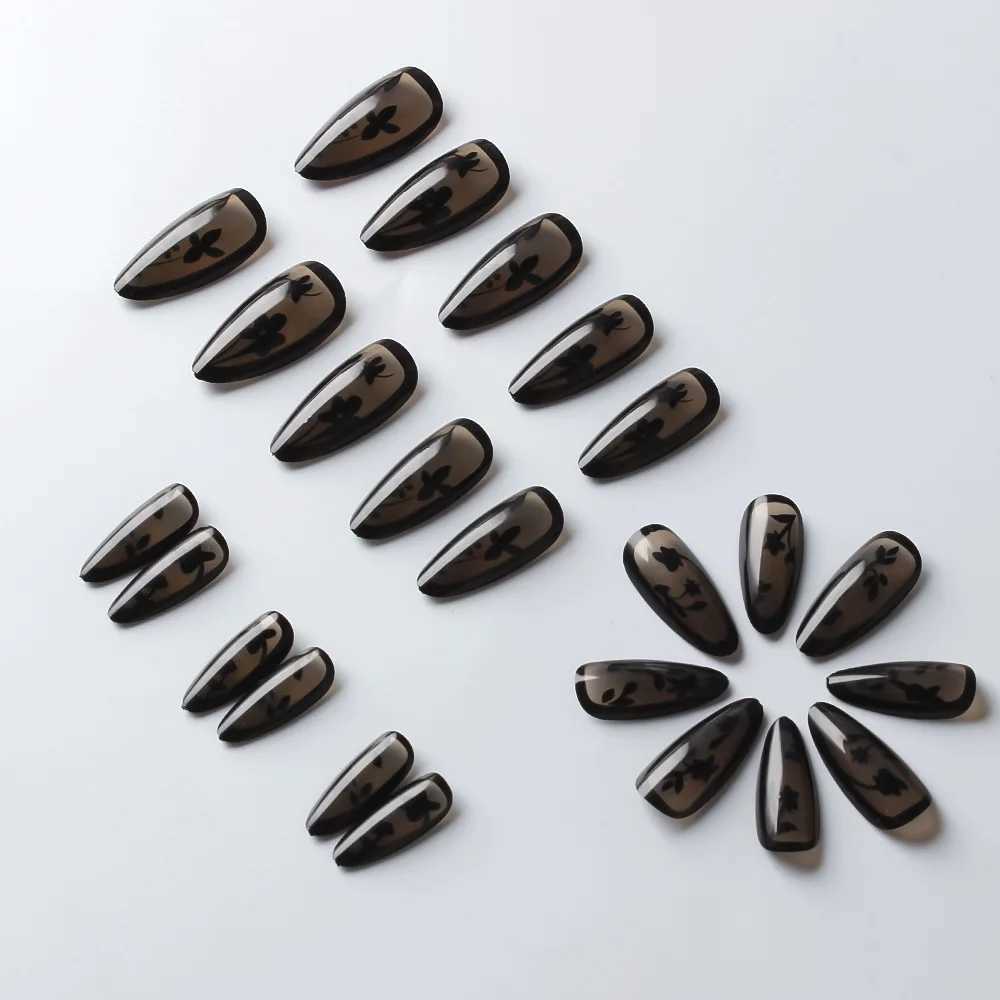 24PCS Short Almond Fake Nails Black Flower Design Autumn Winter Press on Nails Hot Girl Cool Style Removable Nail Art for WomenT251118T251119