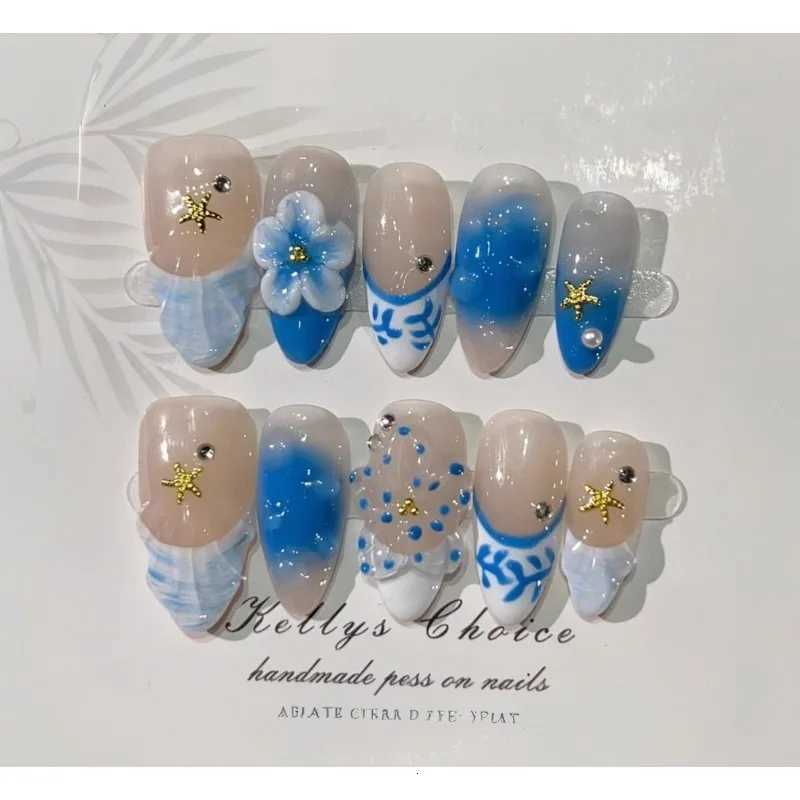 24PCS 3D Flower Shell Starfish False Nails Blue Gradient Diamonds French Fake Nails for Women Wearable Almond Nail ManicureT251118T251119