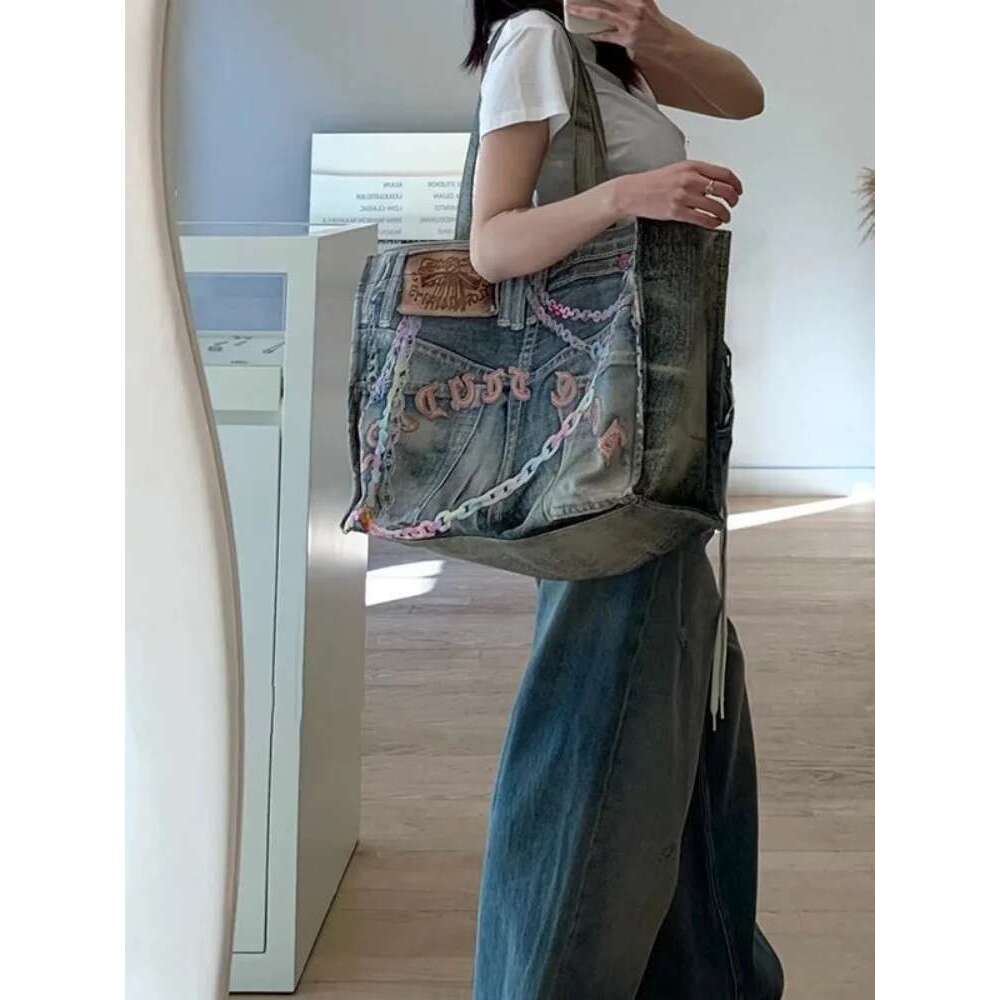 FIRMRANCH Street Photography Trendy Letter Chain Printed Design Large Capacity Denim Women's Shoulder Bag Tote Shopping Pouch