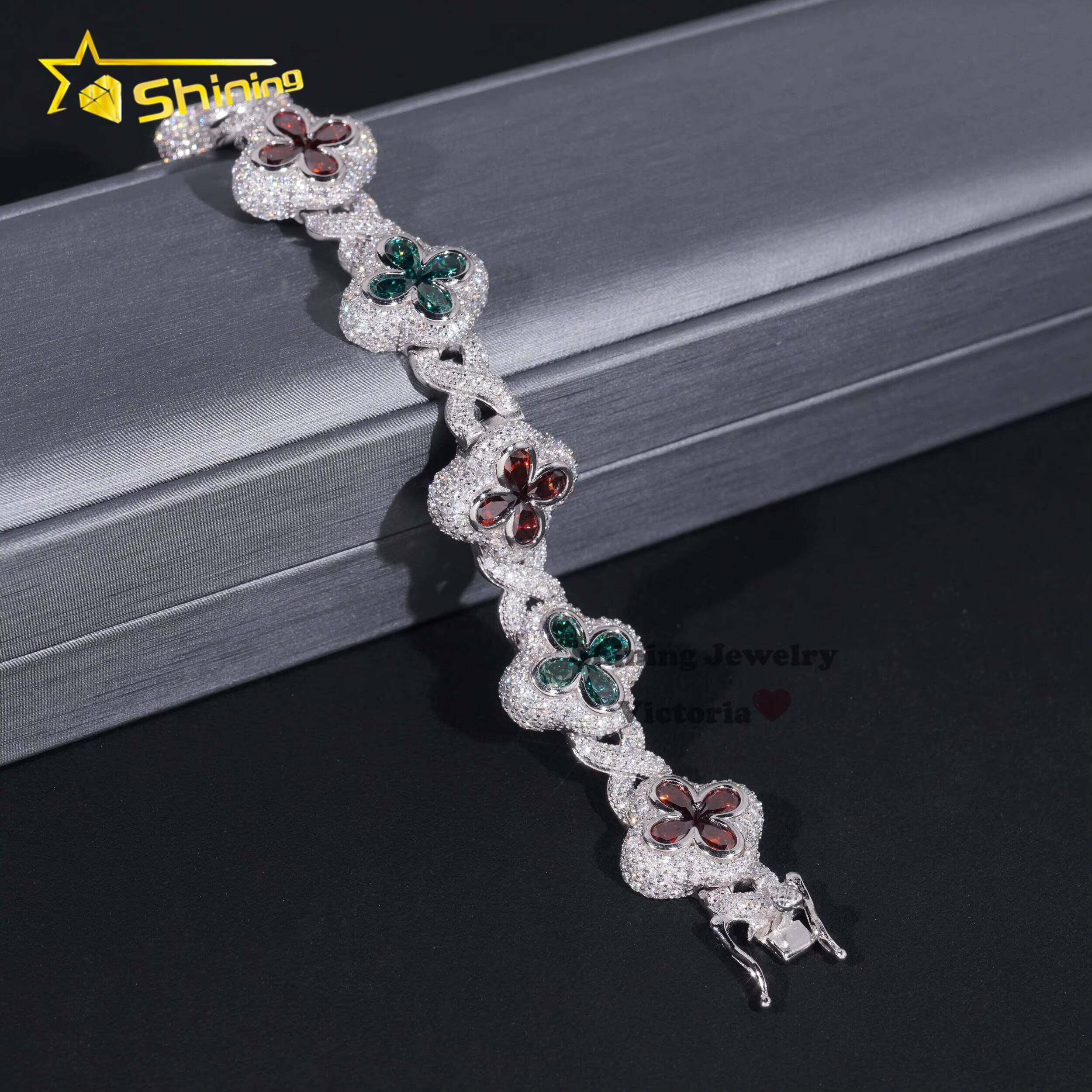 Fashion Christmas Jewelry Hip Hop Luxury Pear Colored Moissanite Diamond Clover Fancy Shape Mens Silver Cuban Bracelets