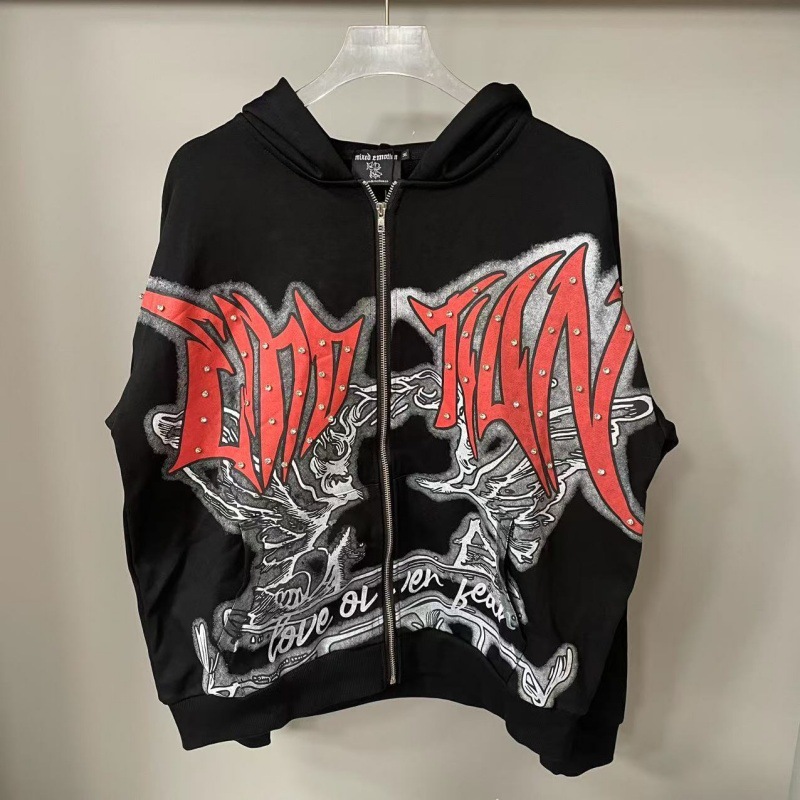 Men's Hoodies Sweatshirt Cotton High Street Hip Hop Diamond White Ink Direct Spray Zipper Hoodie And Women's - view 8