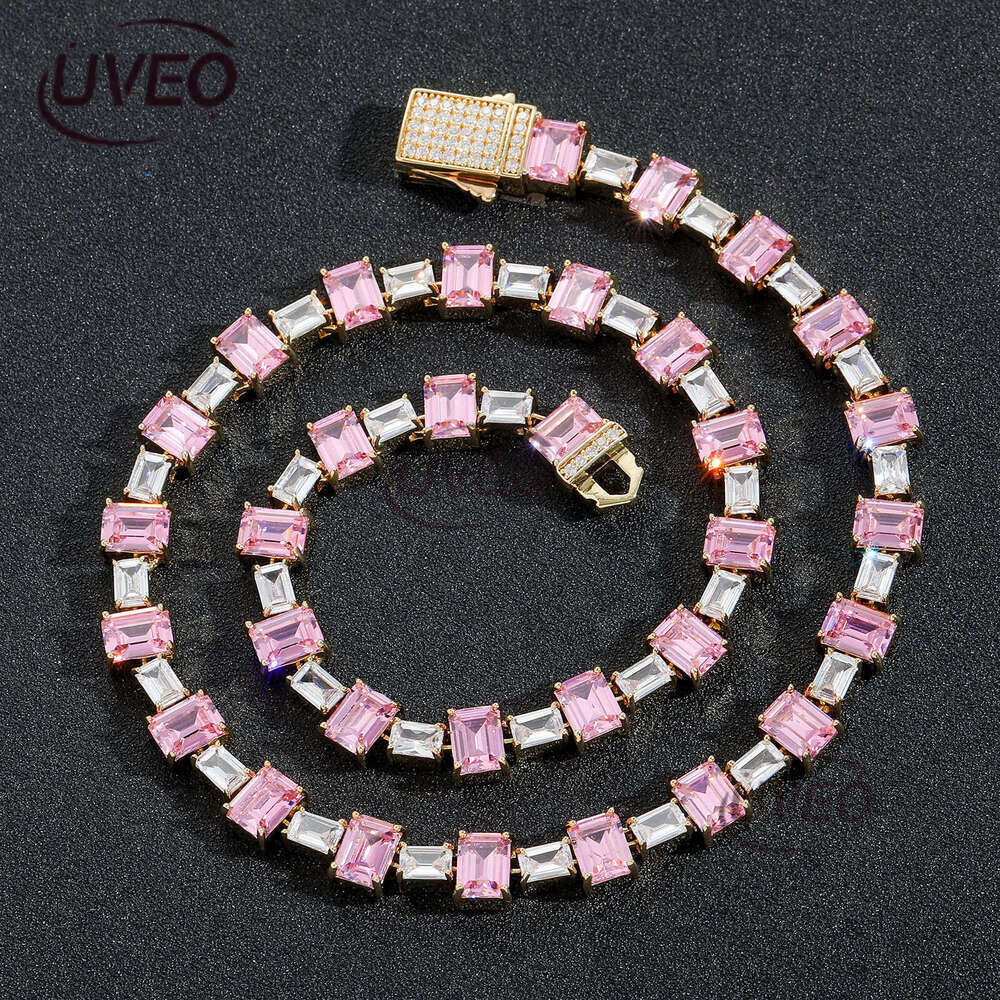 Luxury designer Pink square ice out VVS Moissanite tennis collarbone chain, hip hop necklace bracelet for men and women Free delivery