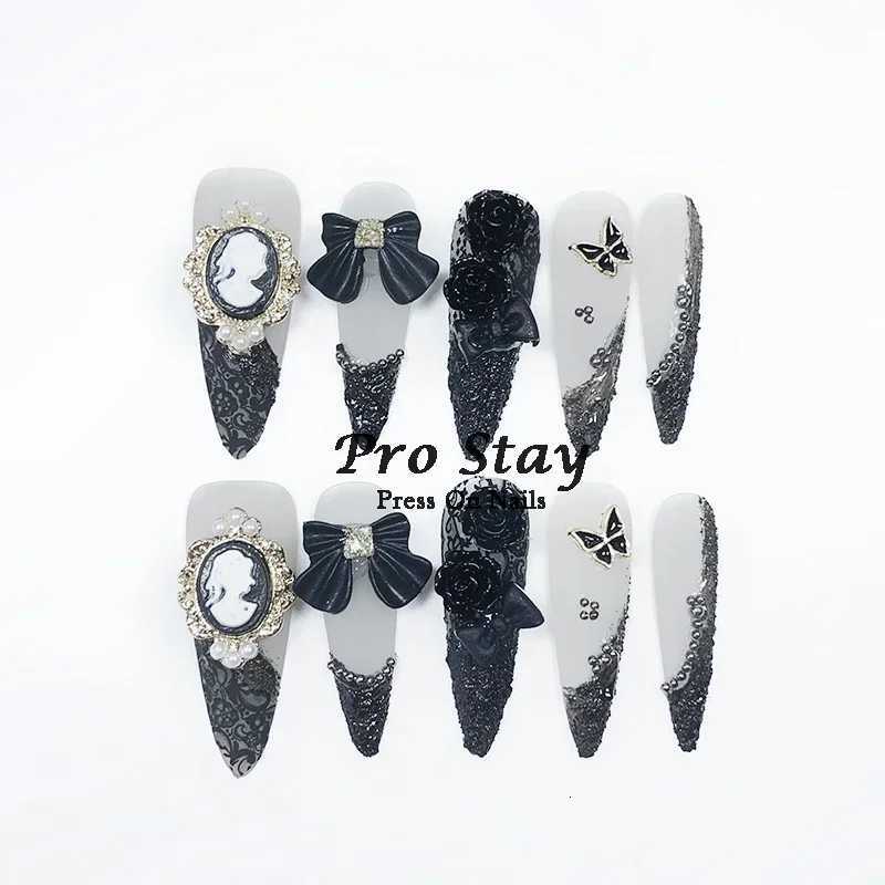 10pcs black Handmade Press On Nails With Purple Large Diamonds and Metal Decoration Y2k Hot Girls Wearable Artificial False NailT251118T251119