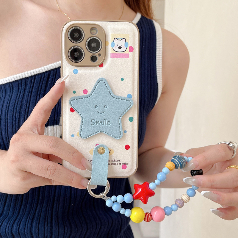 Leather Texture Colorful Polka Dot Star Phone Case for iPhone 17/16 Pro Crossbody Protective Cover iPhone 15/14