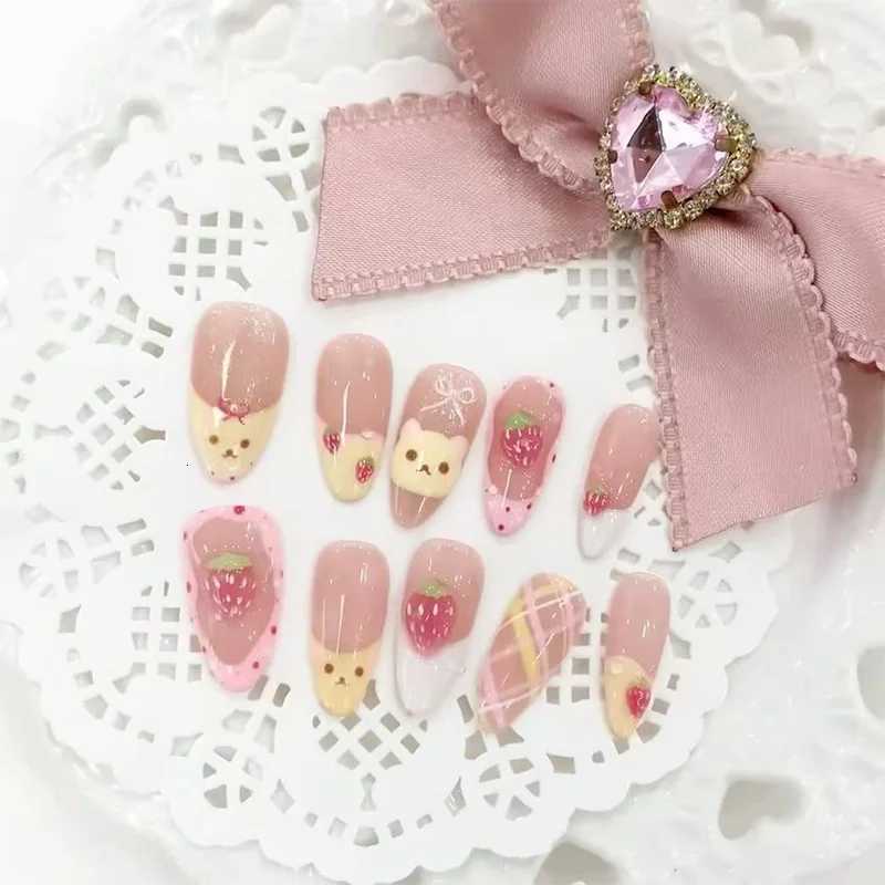 10pcs Almond Press On Nails With Pink Strawberry Bear Design Acrylic False Nails Cute French Full Cover Nail Tips Summer Girl NeT251118T251119