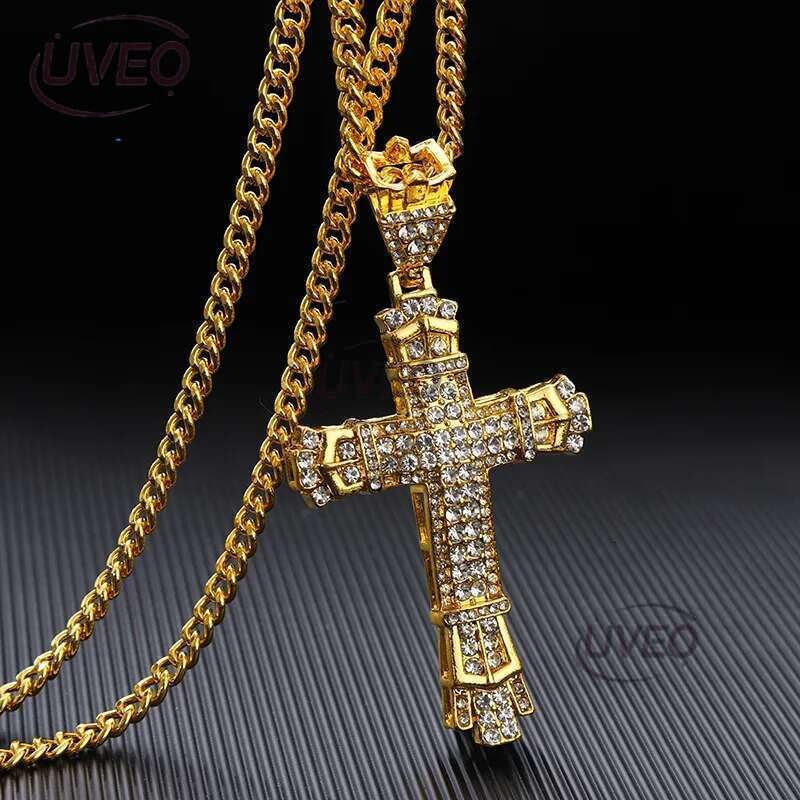 Hip Hop Cross Pendant Religious Charm Gold Sier Full Ice Out Crystal Neckalce Simulated Dias Catholic Crucifix Necklace With Cuban Chain Jewelry