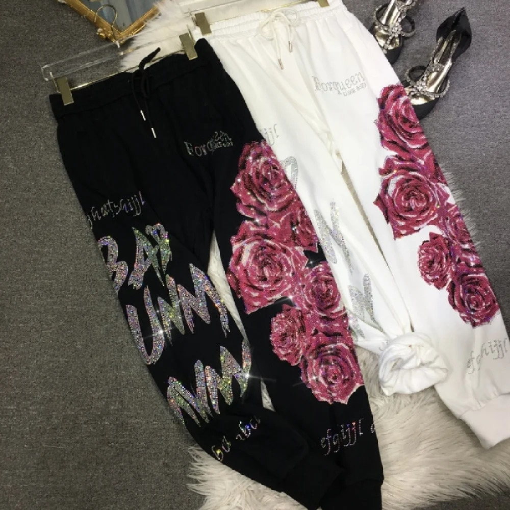 XL-4XL Plus 150kg Womens Rhinestone Flower Big Size Sweatpants Casual Streetwear High Waisted Baggy Pants Woman Z260314