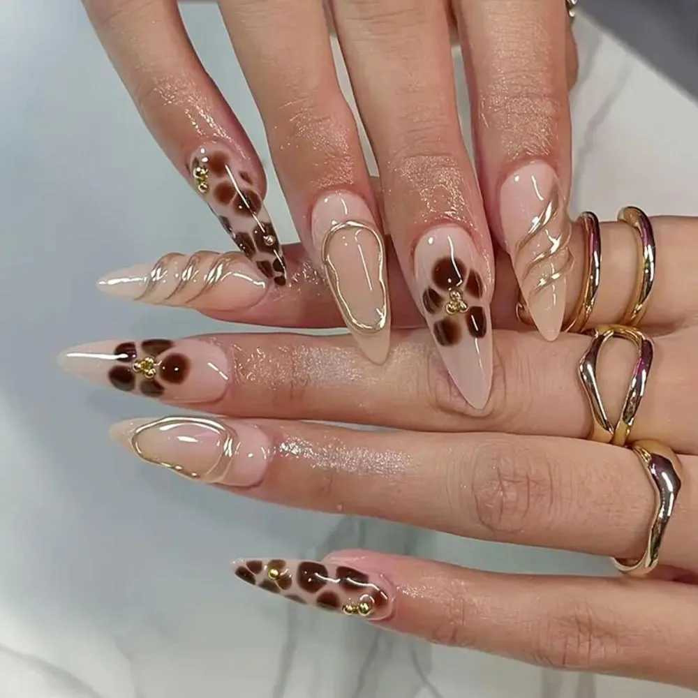 24Pcs 3D Glossy Leopard Print Press on Nails Medium Almond Metal Gold Fench line Fake Nails Full Cover Acrylic Fake Nails Tips 1T251118T251119