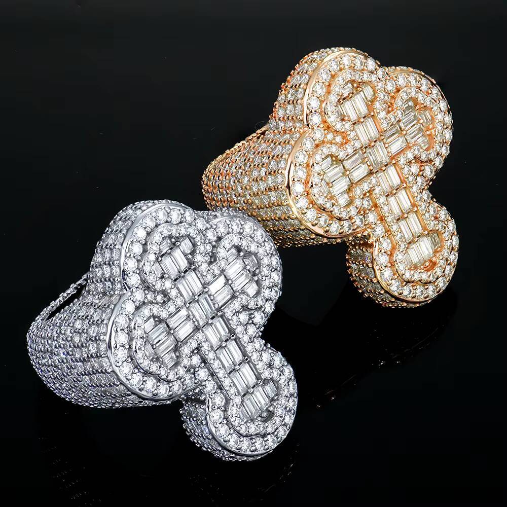 925 Silver Jewelry White Gold Rose Gold Plated Full Iced Out D VVS Round Baguette Cut Moissanite Diamonds Cross Hiphop Ring