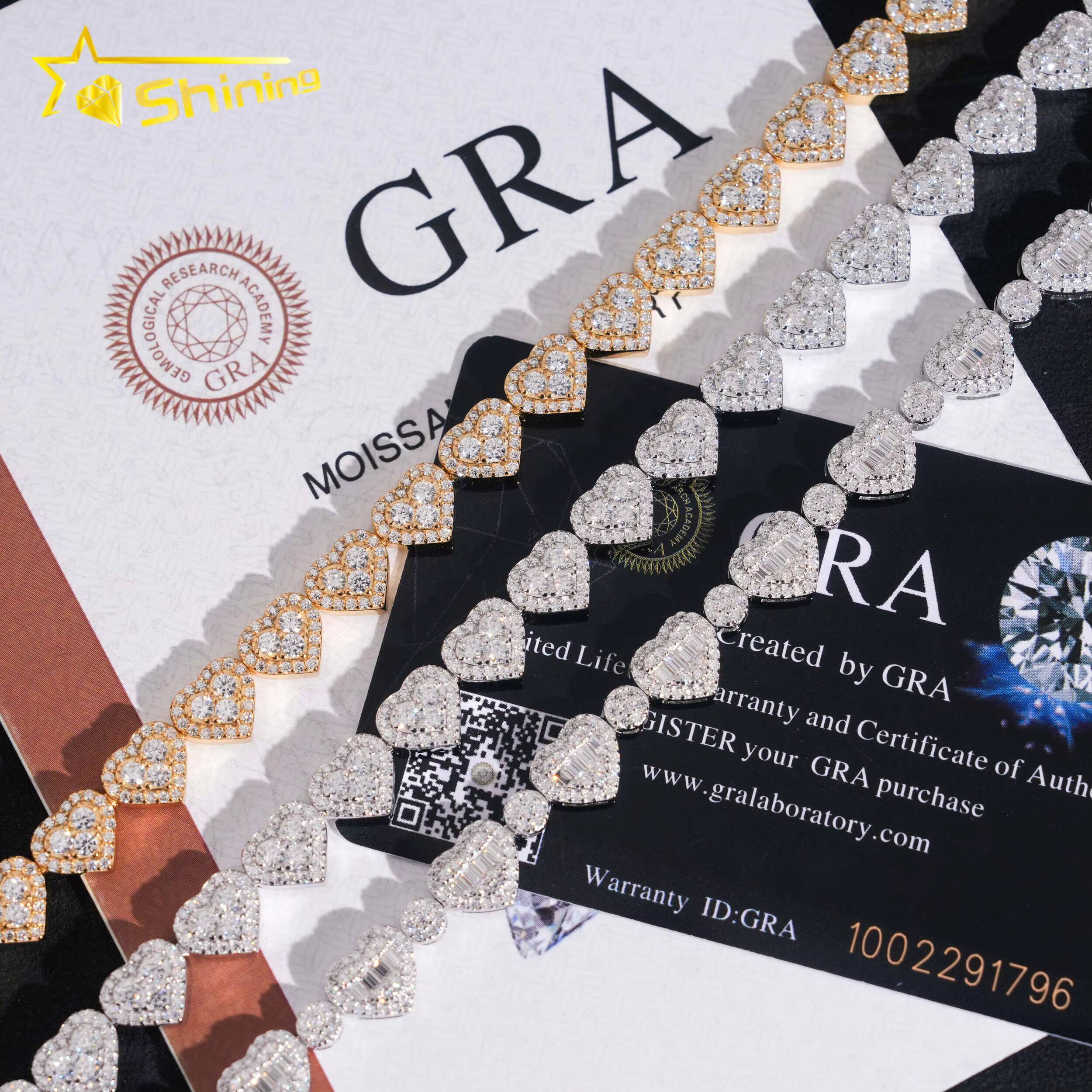 Hot Sale Heart Iced Out Links VVS Moissanite Pass Diamond Tester Gold Plated 925 Sterling Silver Hip Hop Cuban Link Bracelet