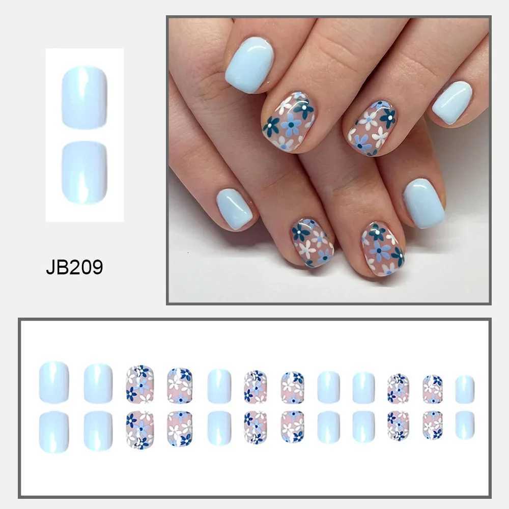 24Pcs Press on Nails Short Square Fake Nails Light Blue Glossy False Nails with Blue White Flowers Press ons Designs For WomenT251118T251119